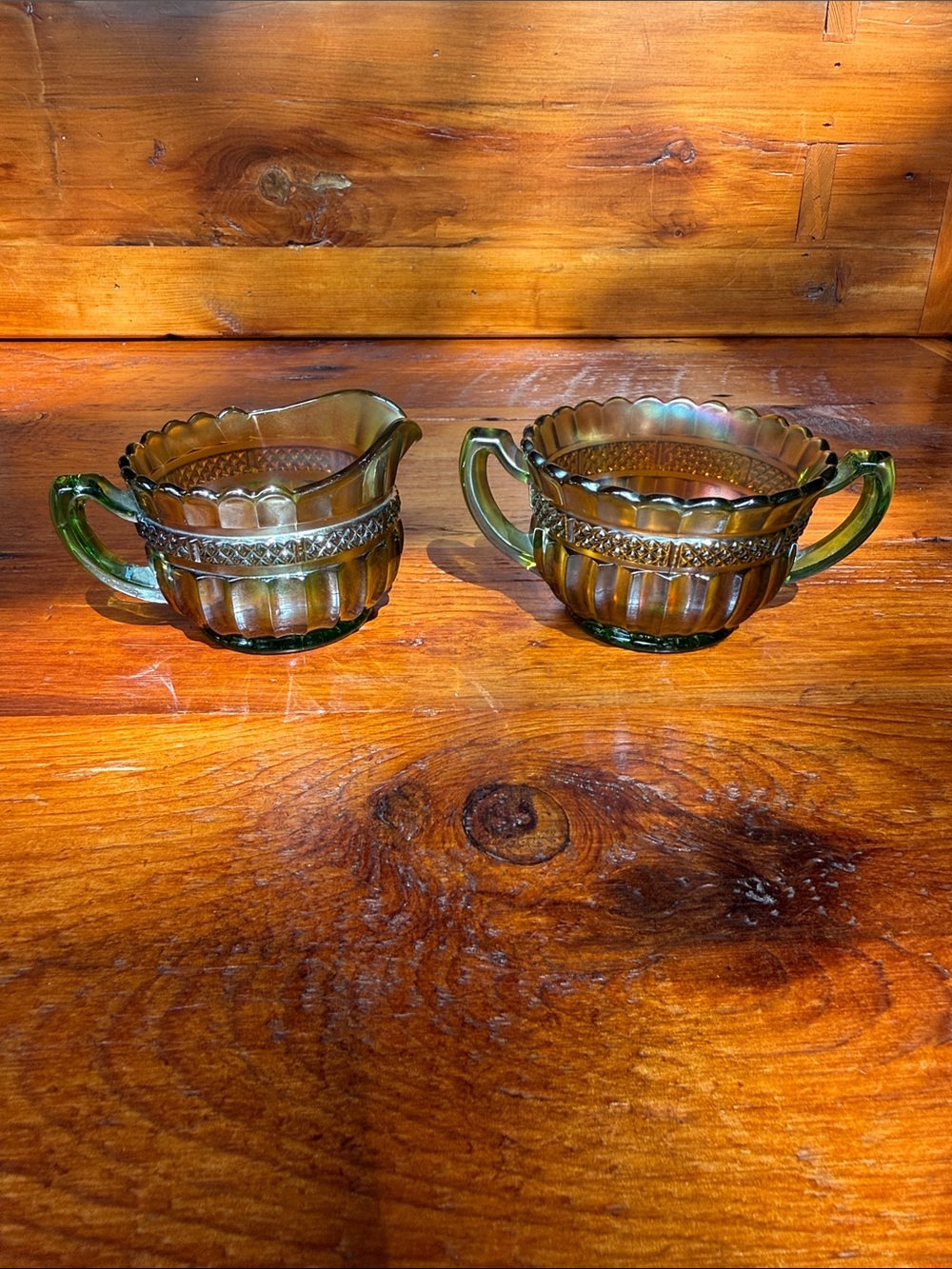 🌿Antique Northwood 1909 Carnival Lustre Flute Breakfast Set Green Creamer/Sugar